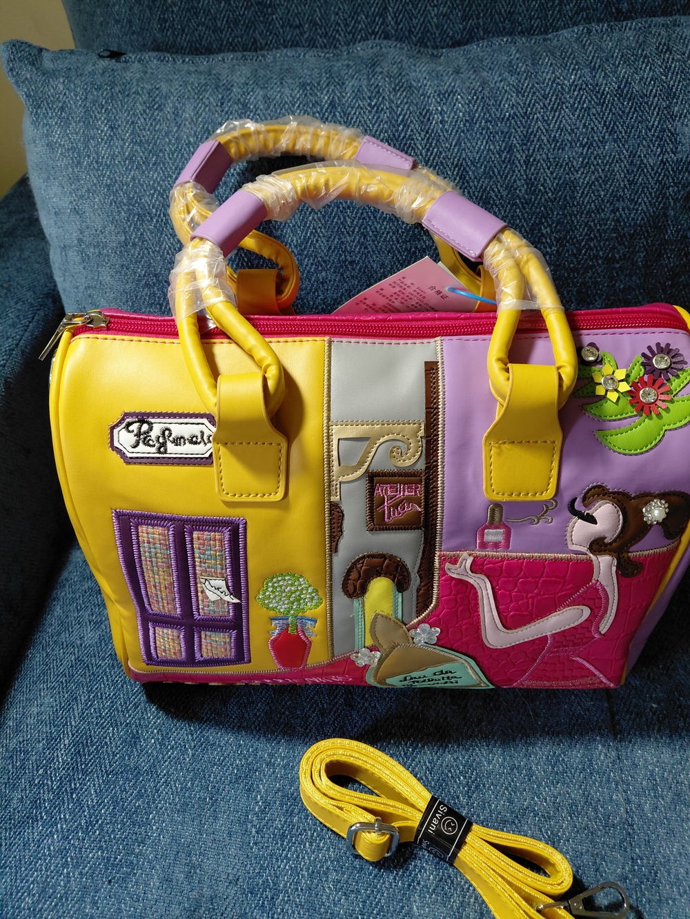 Playful Yellow & Pink Appliqué Women's Purse/ Shoulder Bag